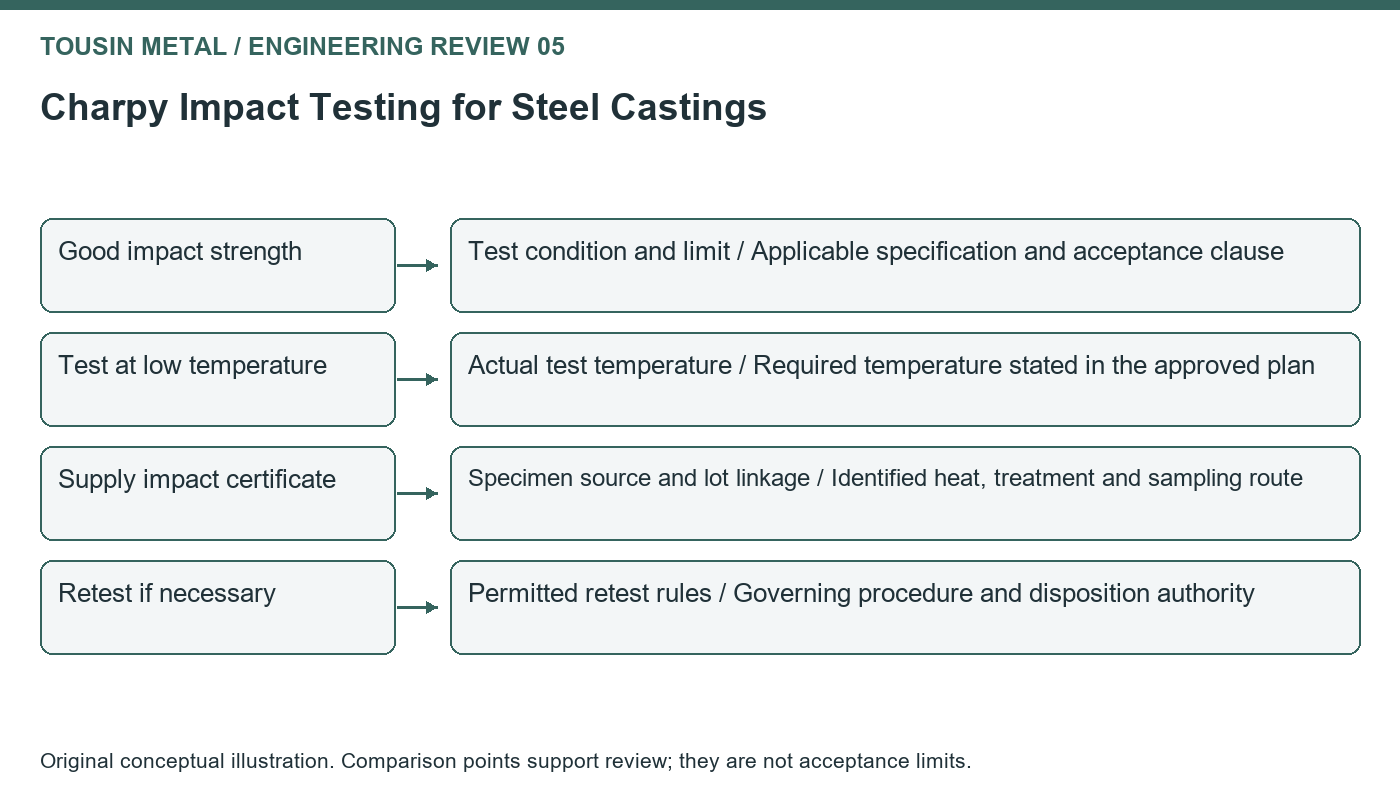 Original review diagram for Charpy impact steel castings, comparing good impact strength, test at low temperature, supply impact certificate, retest if necessary.