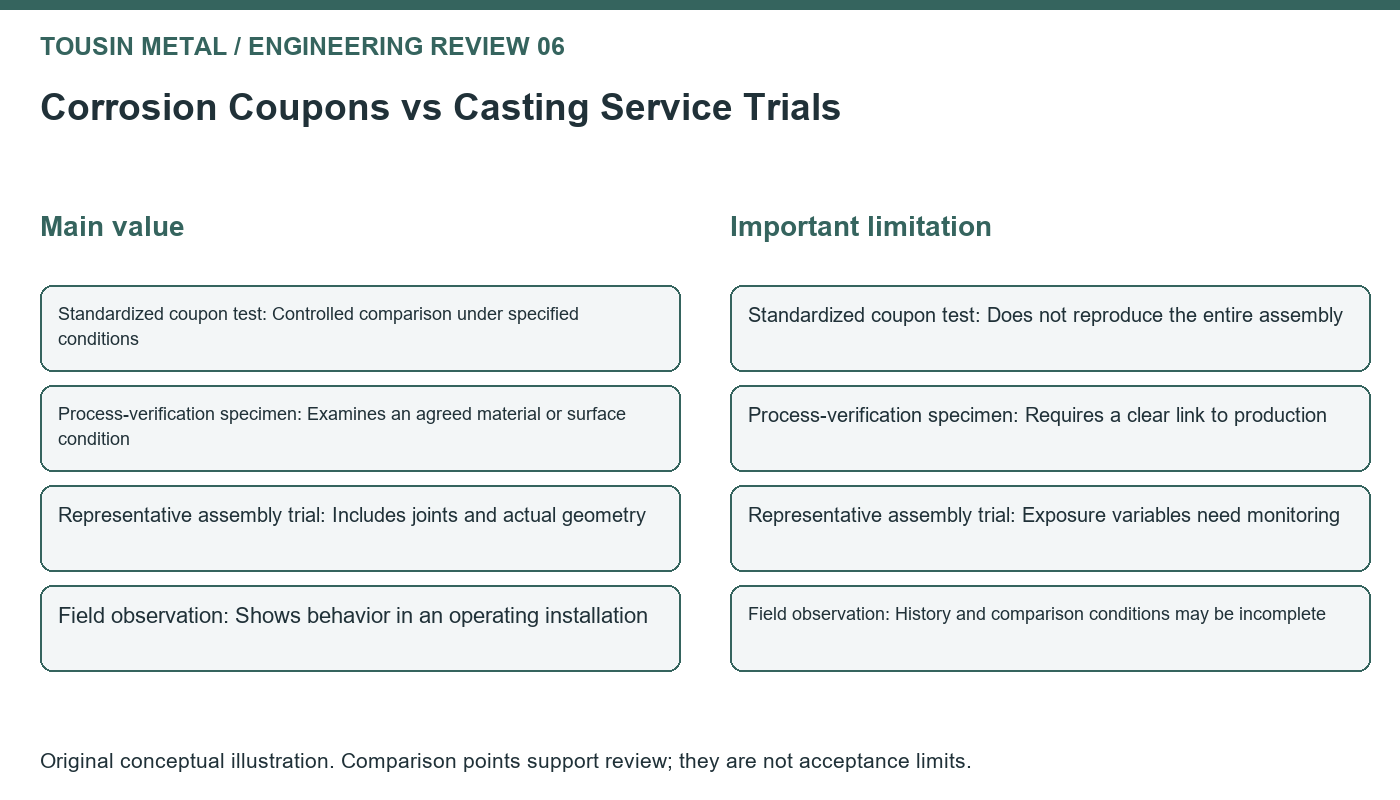 Original review diagram for casting corrosion test coupons, comparing standardized coupon test, process-verification specimen, representative assembly trial, field observation.