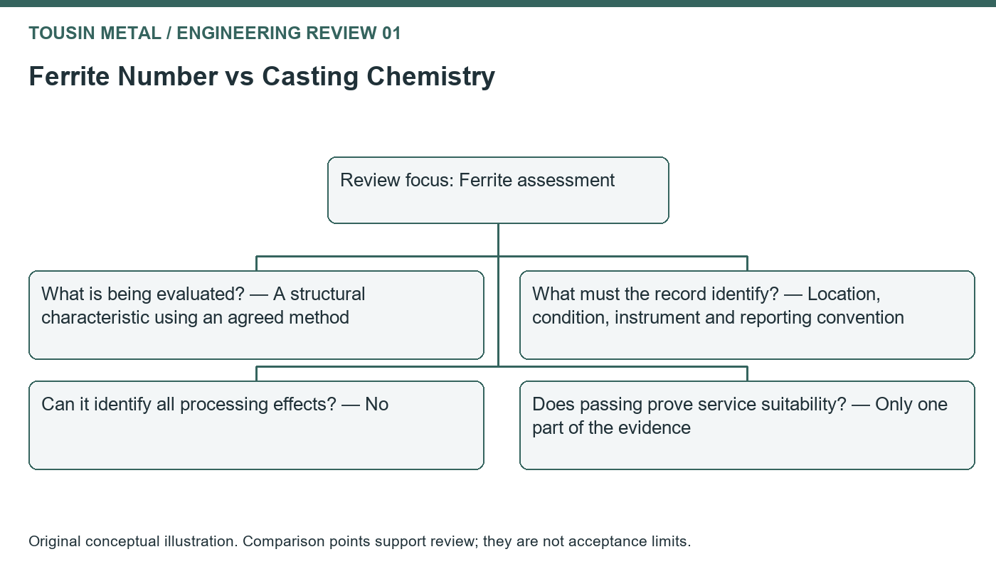 Original review diagram for ferrite number vs chemical analysis, comparing what is being evaluated?, what must the record identify?, can it identify all processing effects?, does passing prove service suitability?.