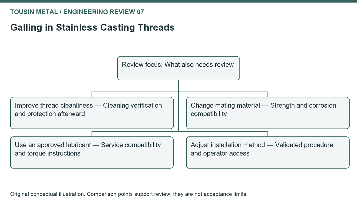 Original review diagram for stainless casting thread galling, comparing improve thread cleanliness, change mating material, use an approved lubricant, adjust installation method.