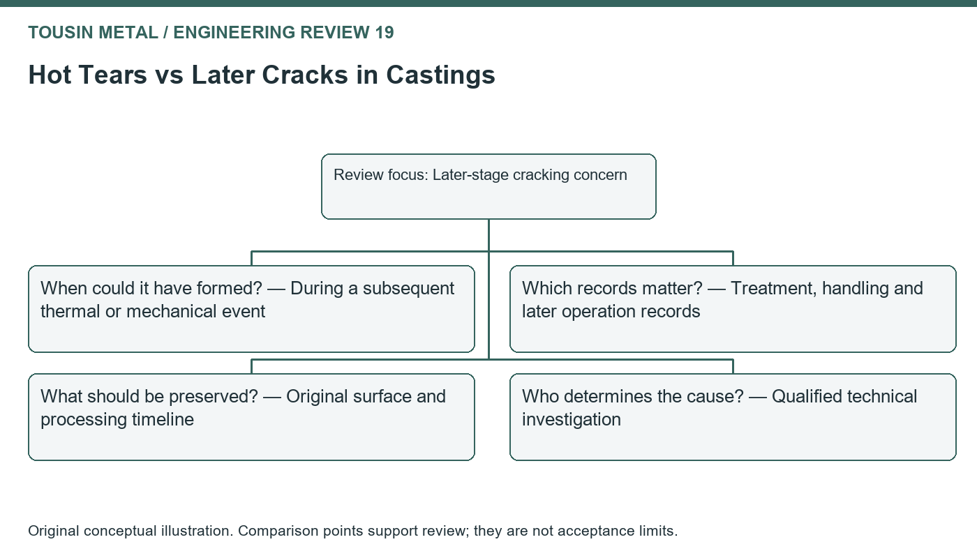 Original review diagram for hot tears vs casting cracks, comparing when could it have formed?, which records matter?, what should be preserved?, who determines the cause?.